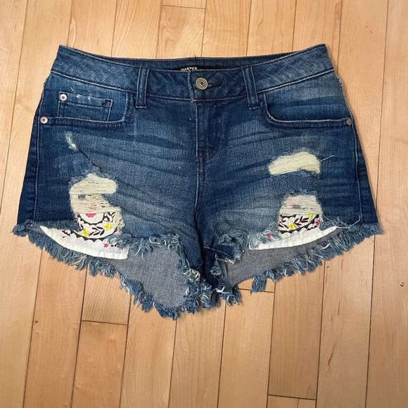 HARPER Embroidered Cut Off Distressed Denim Shorts - 25 - Picture 3 of 6